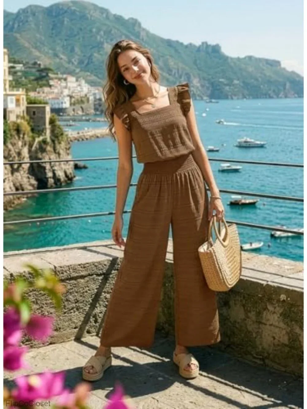 Womens Casual Loose One Piece Jumpsuit Square Neck Wide Leg Smocked Waist Short